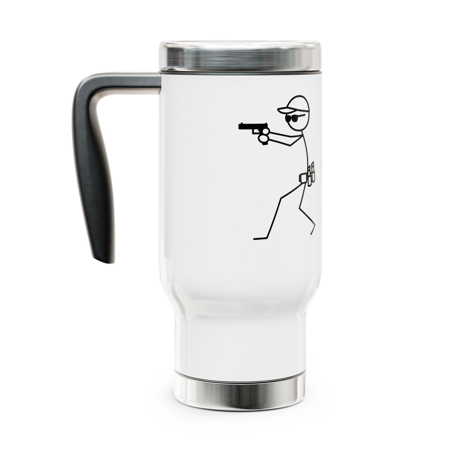 Stick Figure Shooter Travel Mug — 14oz Stainless Steel Coffee Tumbler with Handle