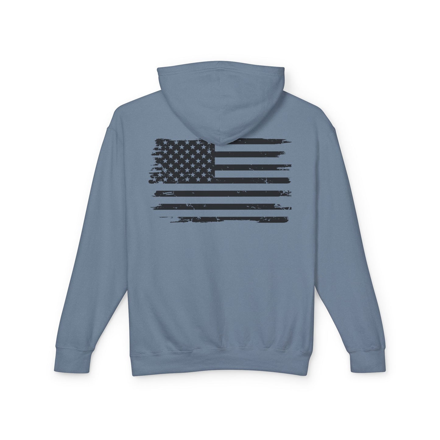 Distressed American Flag Hoodie with Tactical Stick Figure Accent