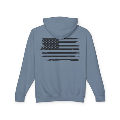 Distressed American Flag Hoodie with Tactical Stick Figure Accent