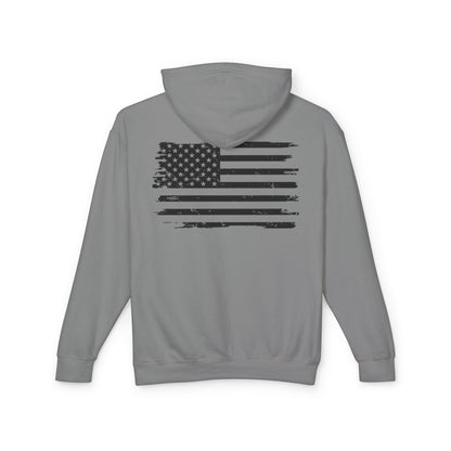 Distressed American Flag Hoodie with Tactical Stick Figure Accent