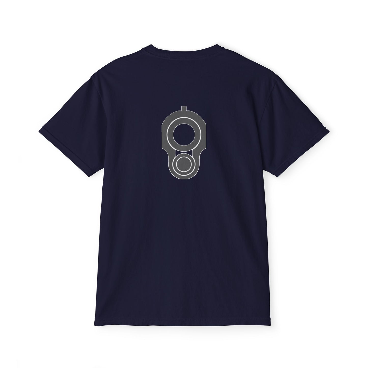 Pocket T-Shirt — Minimal Front Pocket Logo & Back Revolver Graphic Tee