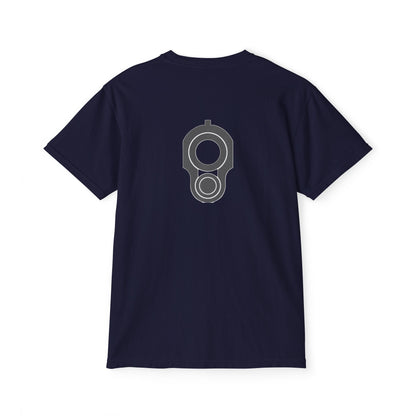 Pocket T-Shirt — Minimal Front Pocket Logo & Back Revolver Graphic Tee