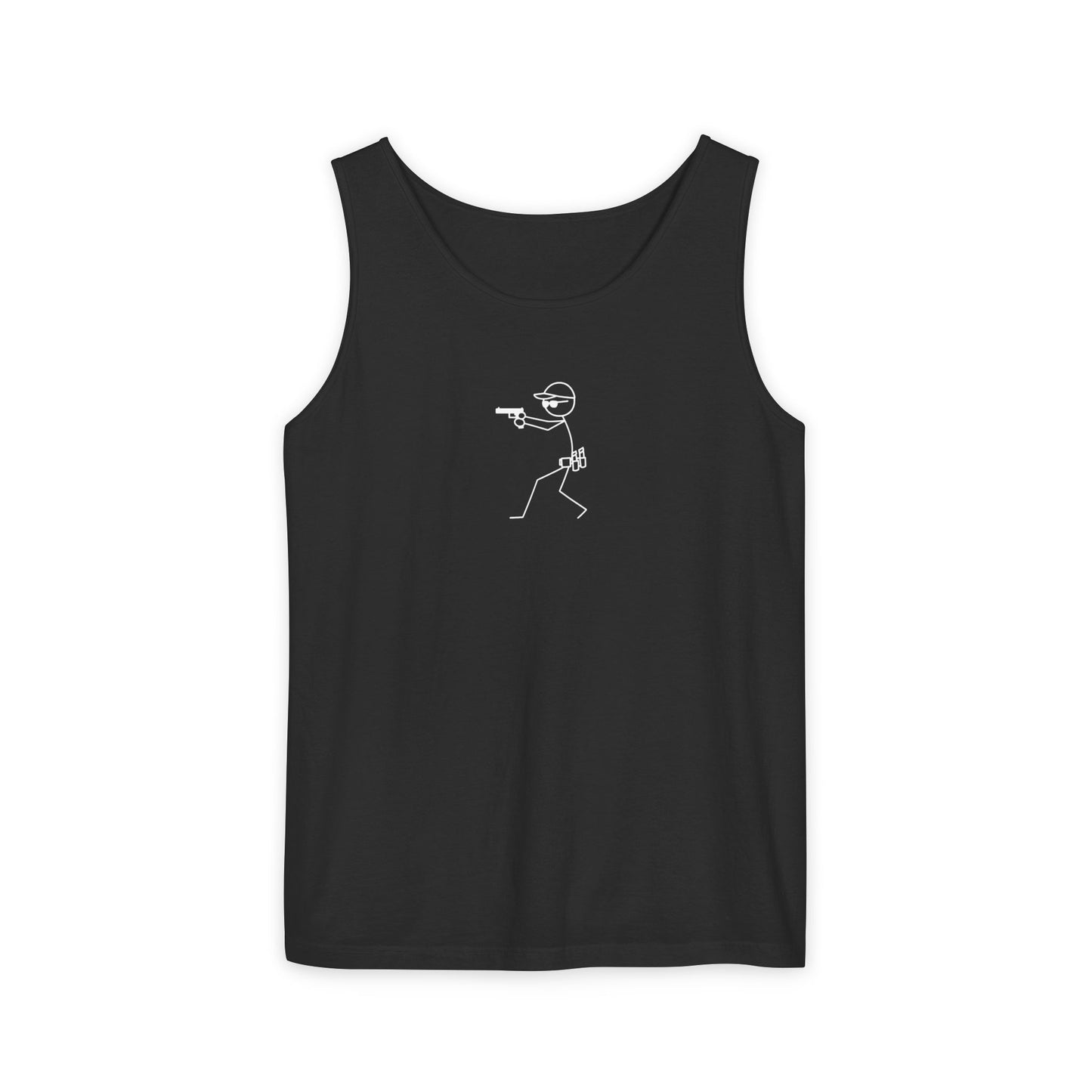 Stick Figure Shooter Tank Top — “No Charles” Graphic