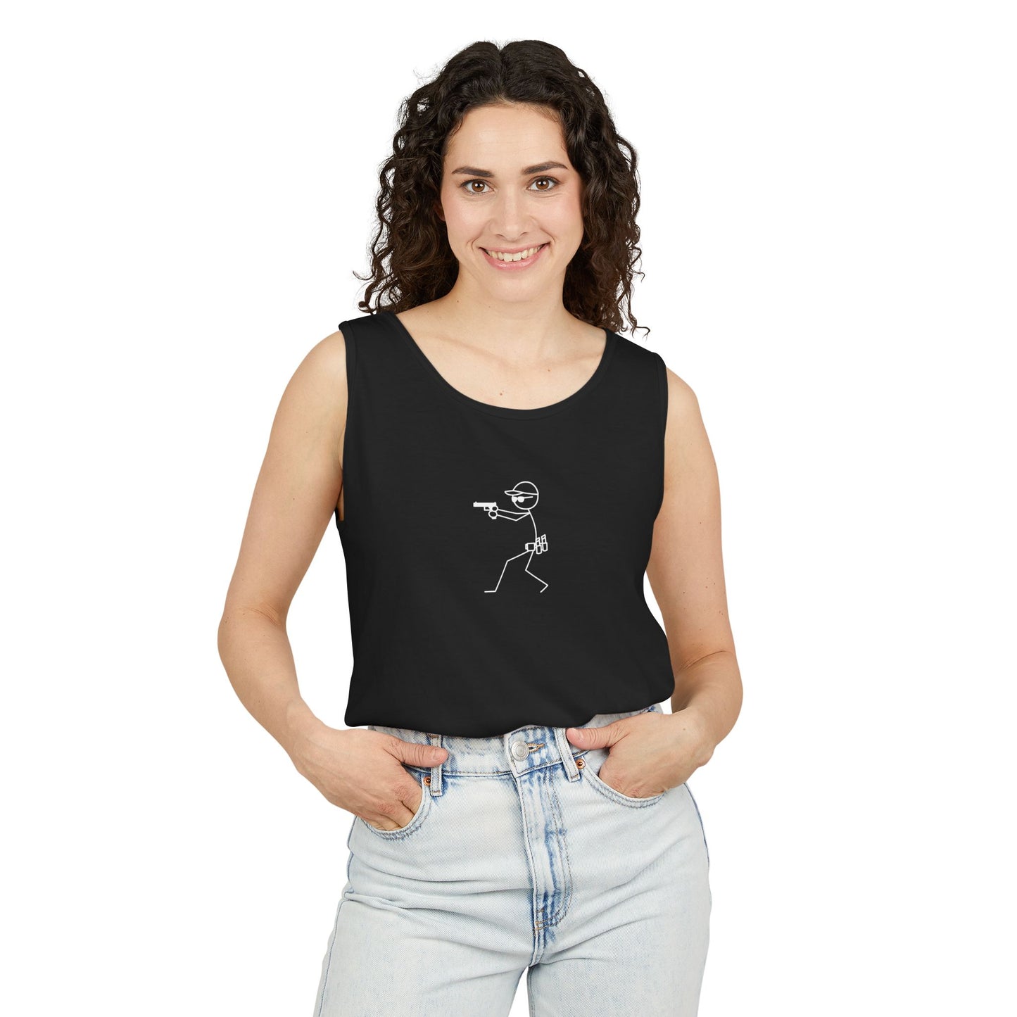 Stick Figure Shooter Tank Top — “No Charles” Graphic