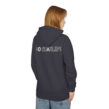 No Charlies Hoodie — Minimal Stick Figure Shooter Graphic Lightweight Hooded Sweatshirt