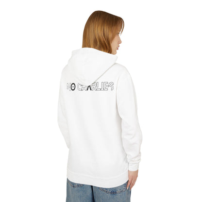 No Charlies Hoodie — Minimal Stick Figure Shooter Graphic Lightweight Hooded Sweatshirt
