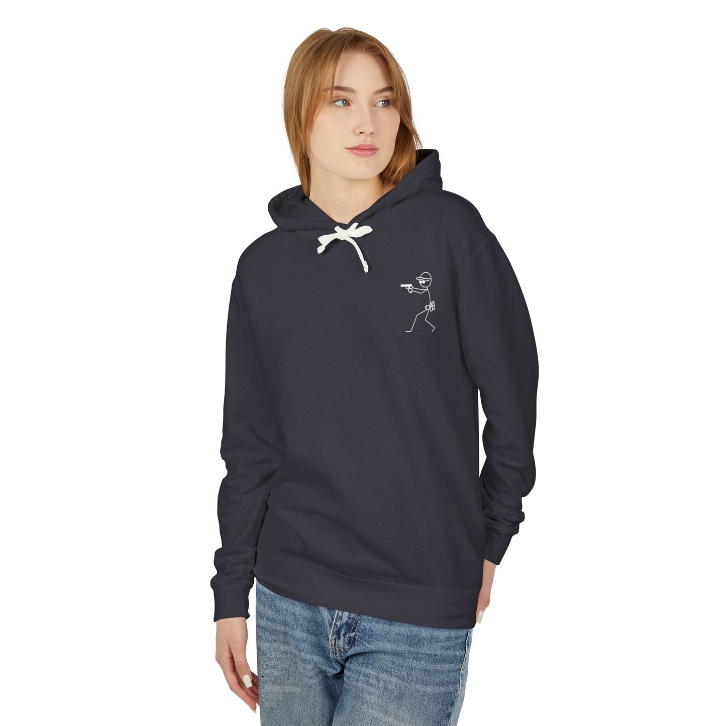 No Charlies Hoodie — Minimal Stick Figure Shooter Graphic Lightweight Hooded Sweatshirt