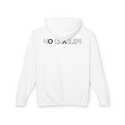 No Charlies Hoodie — Minimal Stick Figure Shooter Graphic Lightweight Hooded Sweatshirt