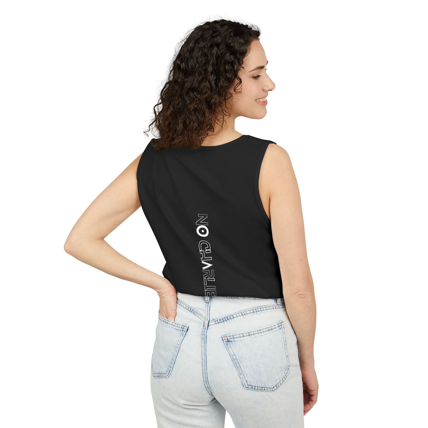 Stick Figure Shooter Tank Top — “No Charles” Graphic