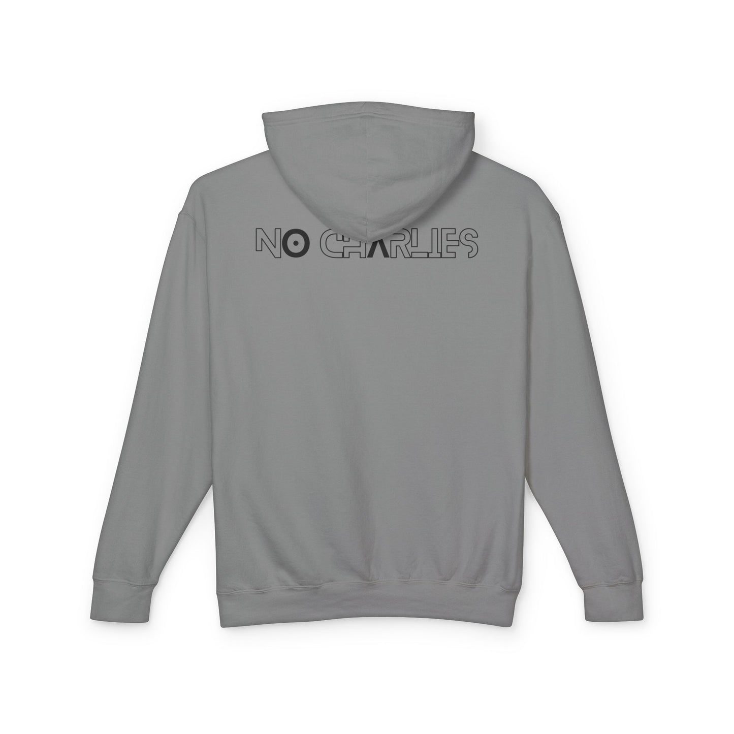 No Charlies Hoodie — Minimal Stick Figure Shooter Graphic Lightweight Hooded Sweatshirt