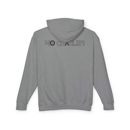 No Charlies Hoodie — Minimal Stick Figure Shooter Graphic Lightweight Hooded Sweatshirt