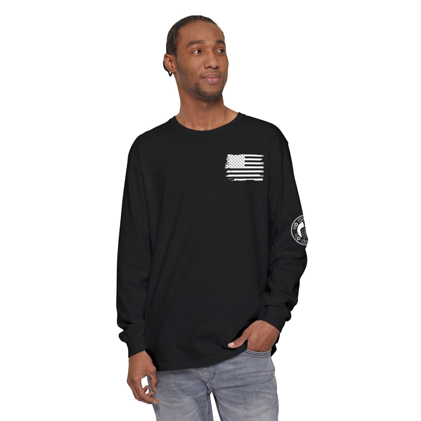 Stick Figure Shooter Long Sleeve T-Shirt — Minimalist American Flag Design