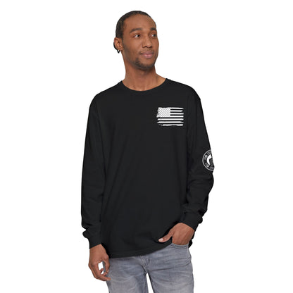 Stick Figure Shooter Long Sleeve T-Shirt — Minimalist American Flag Design