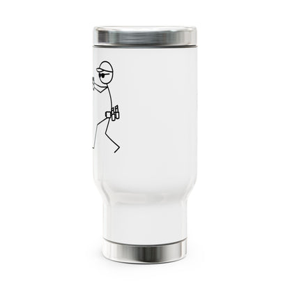 Stick Figure Shooter Travel Mug — 14oz Stainless Steel Coffee Tumbler with Handle