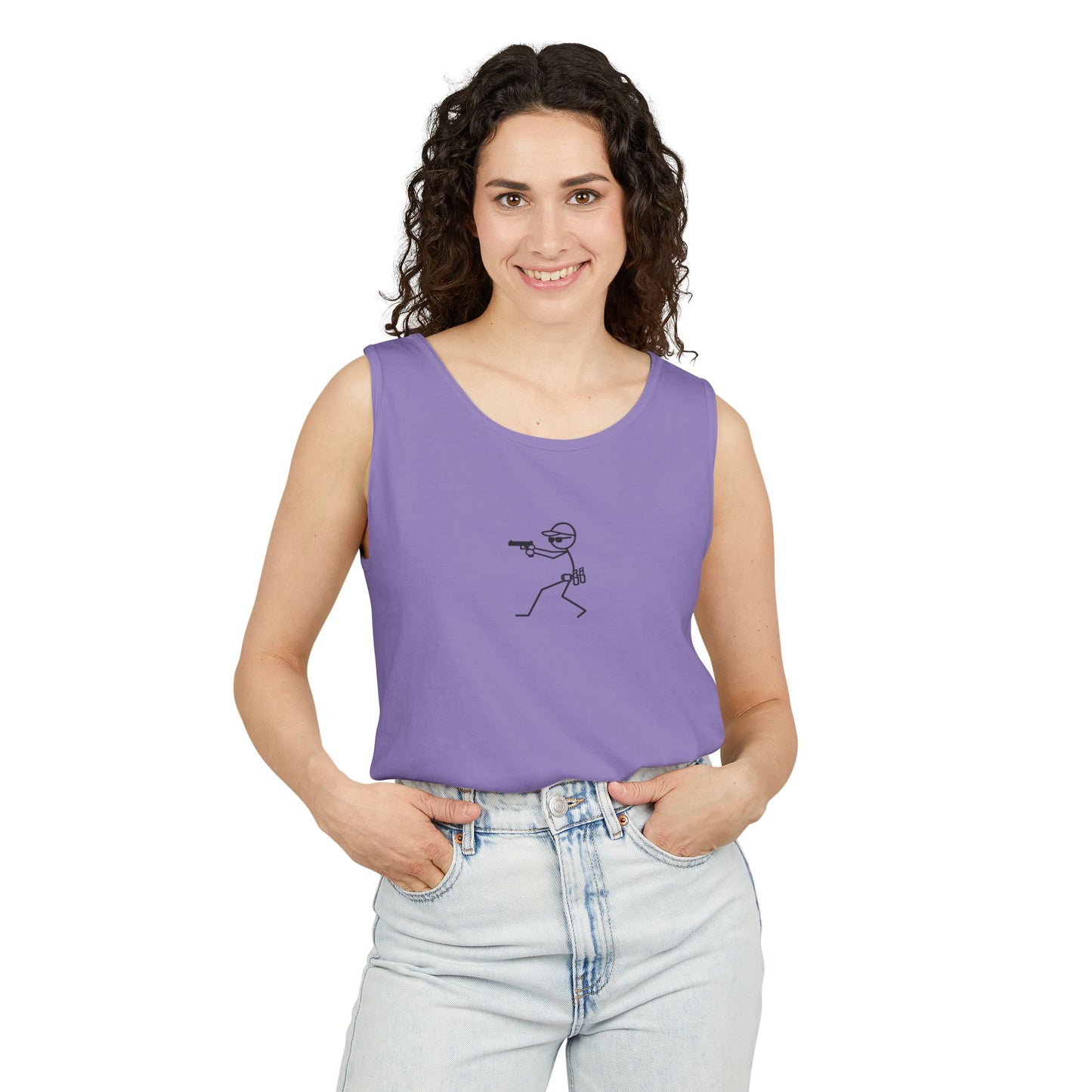 Stick Figure Shooter Tank Top — “No Charles” Graphic