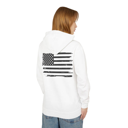 Distressed American Flag Hoodie with Tactical Stick Figure Accent