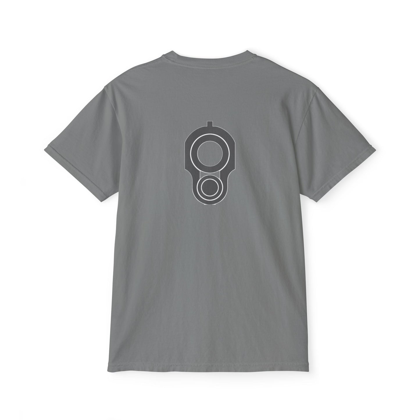 Pocket T-Shirt — Minimal Front Pocket Logo & Back Revolver Graphic Tee