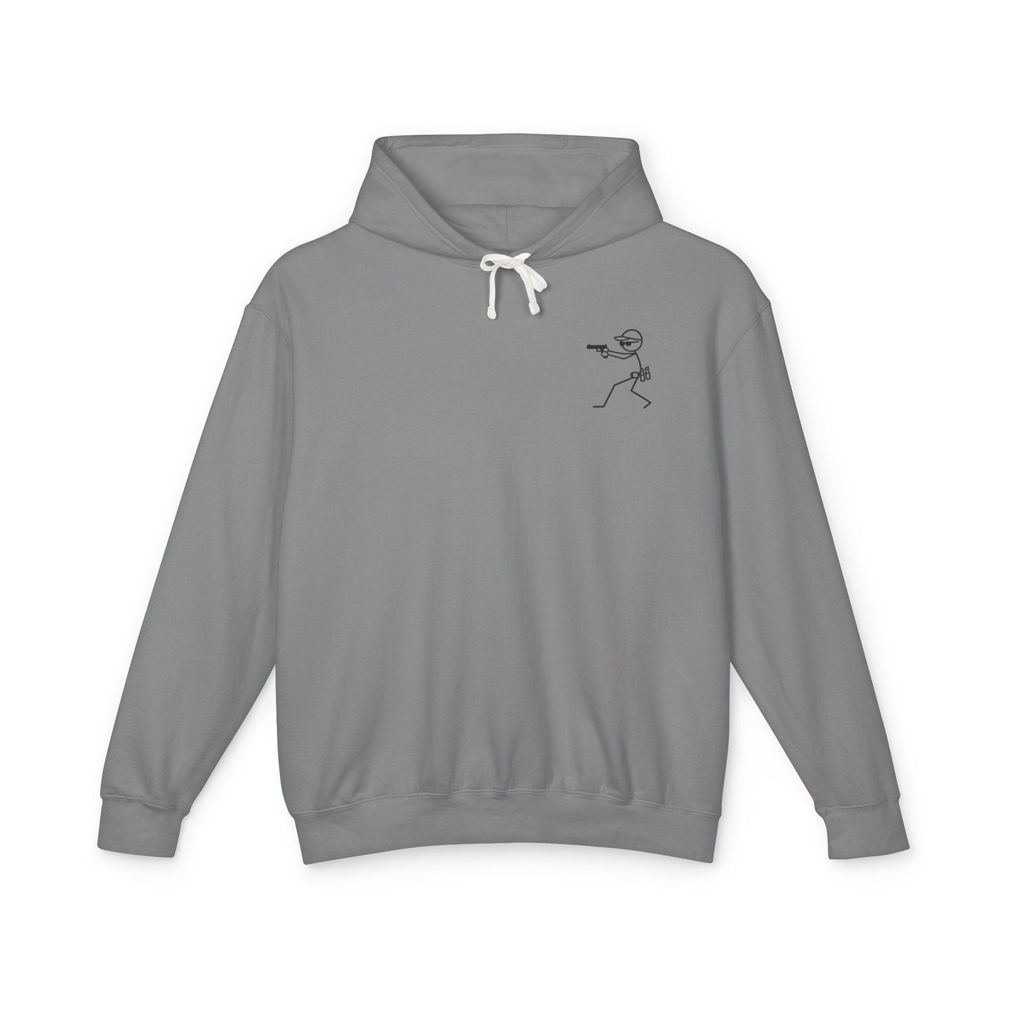 No Charlies Hoodie — Minimal Stick Figure Shooter Graphic Lightweight Hooded Sweatshirt