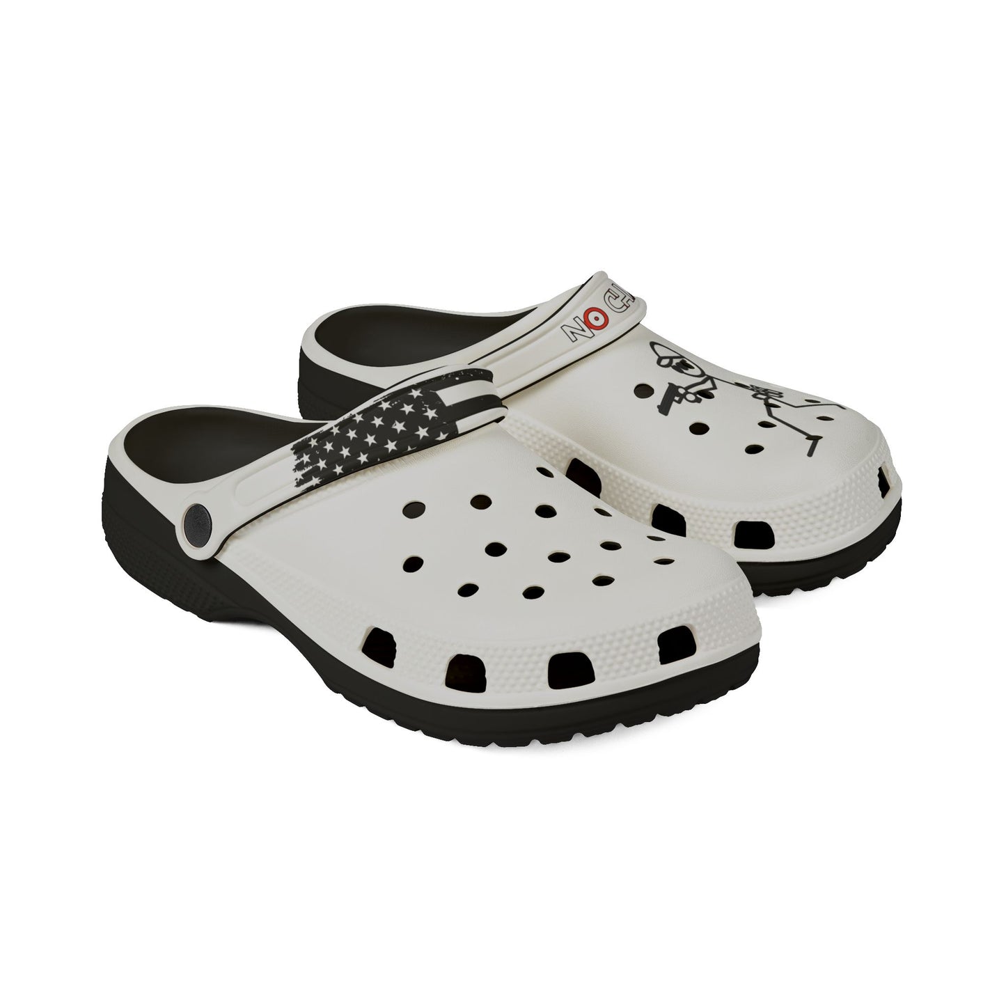 White EVA Foam Clogs with Black Star Strap & Minimalist Skater Graphic