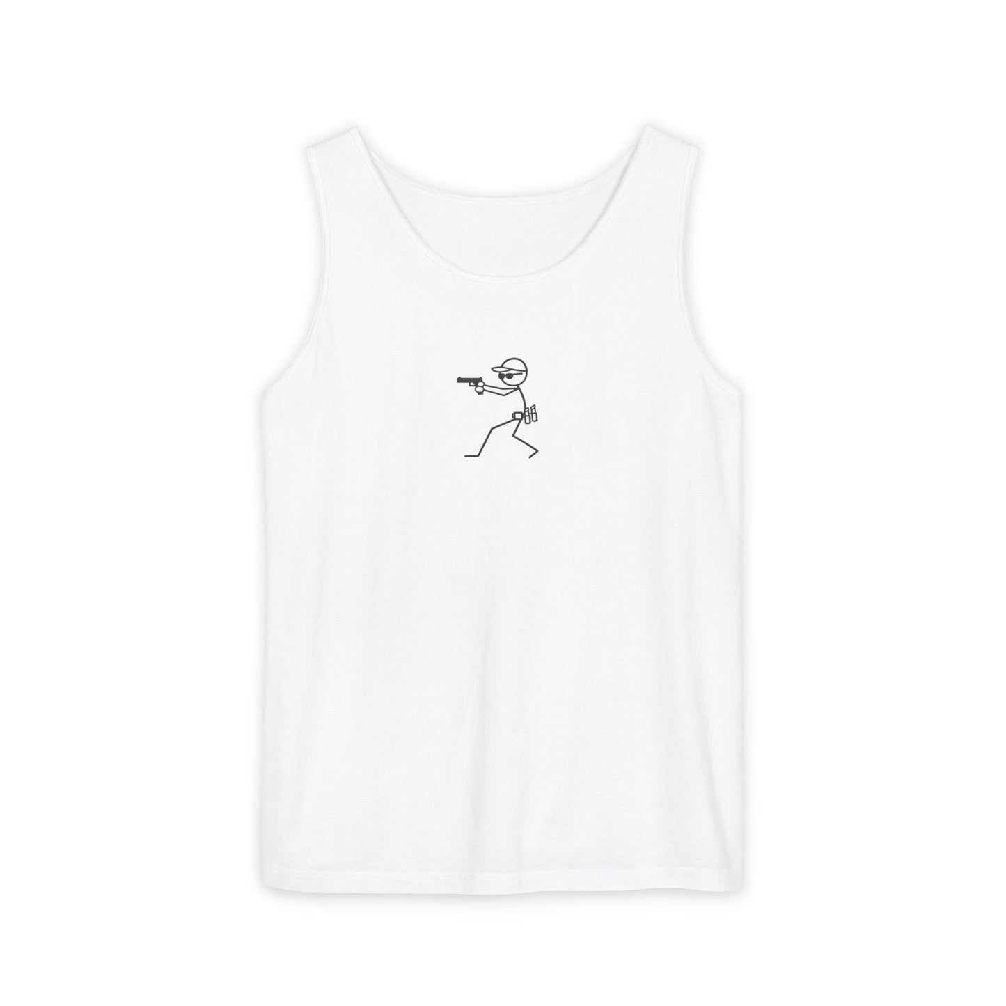 Stick Figure Shooter Tank Top — “No Charles” Graphic