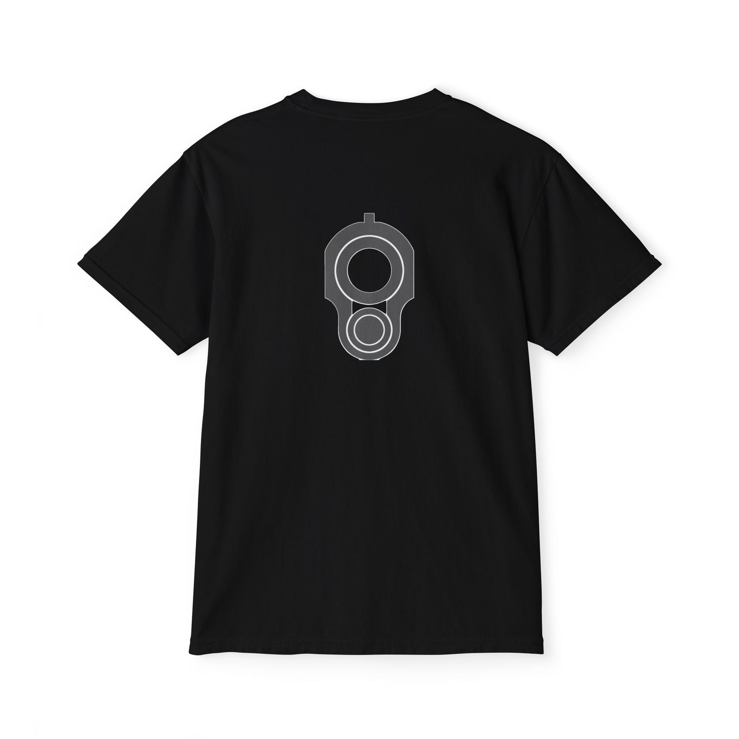 Pocket T-Shirt — Minimal Front Pocket Logo & Back Revolver Graphic Tee