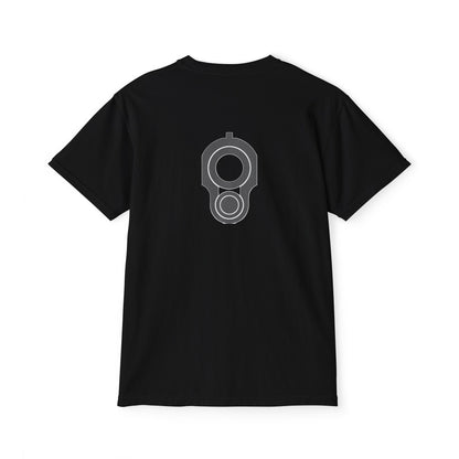 Pocket T-Shirt — Minimal Front Pocket Logo & Back Revolver Graphic Tee