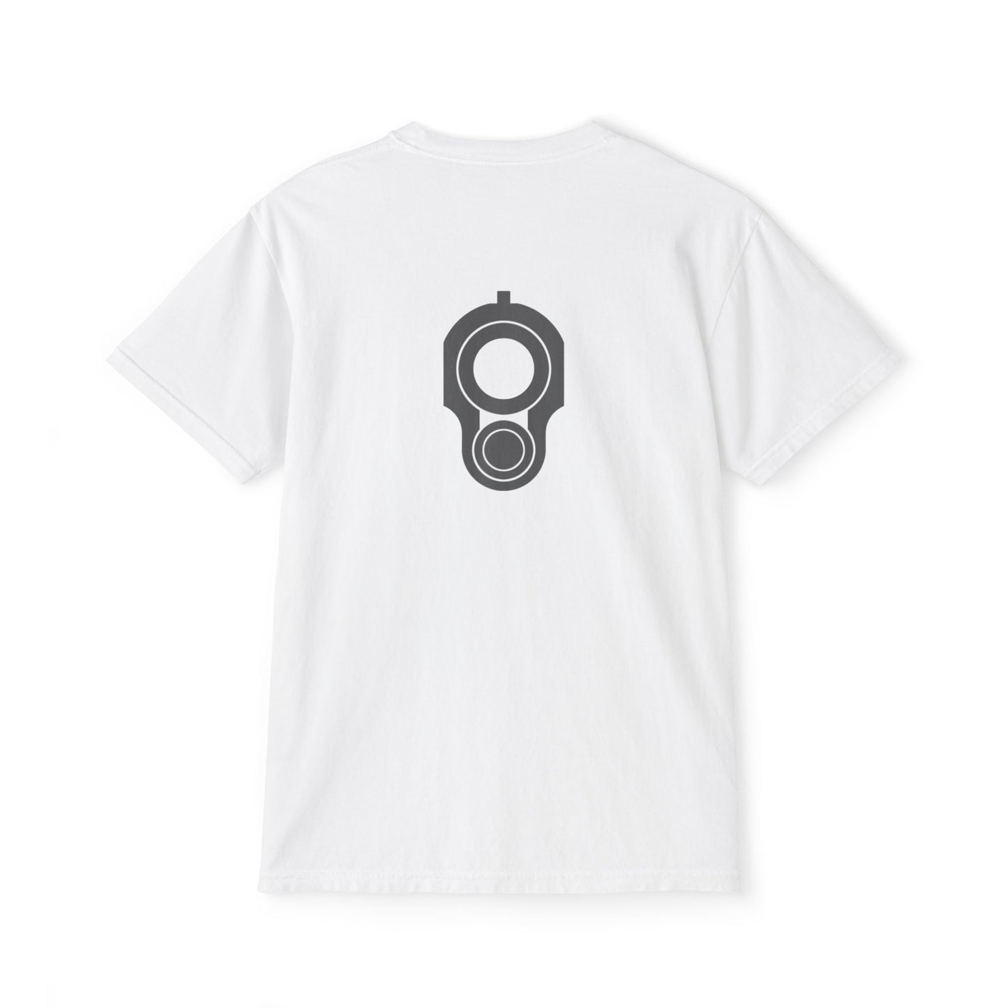 Pocket T-Shirt — Minimal Front Pocket Logo & Back Revolver Graphic Tee