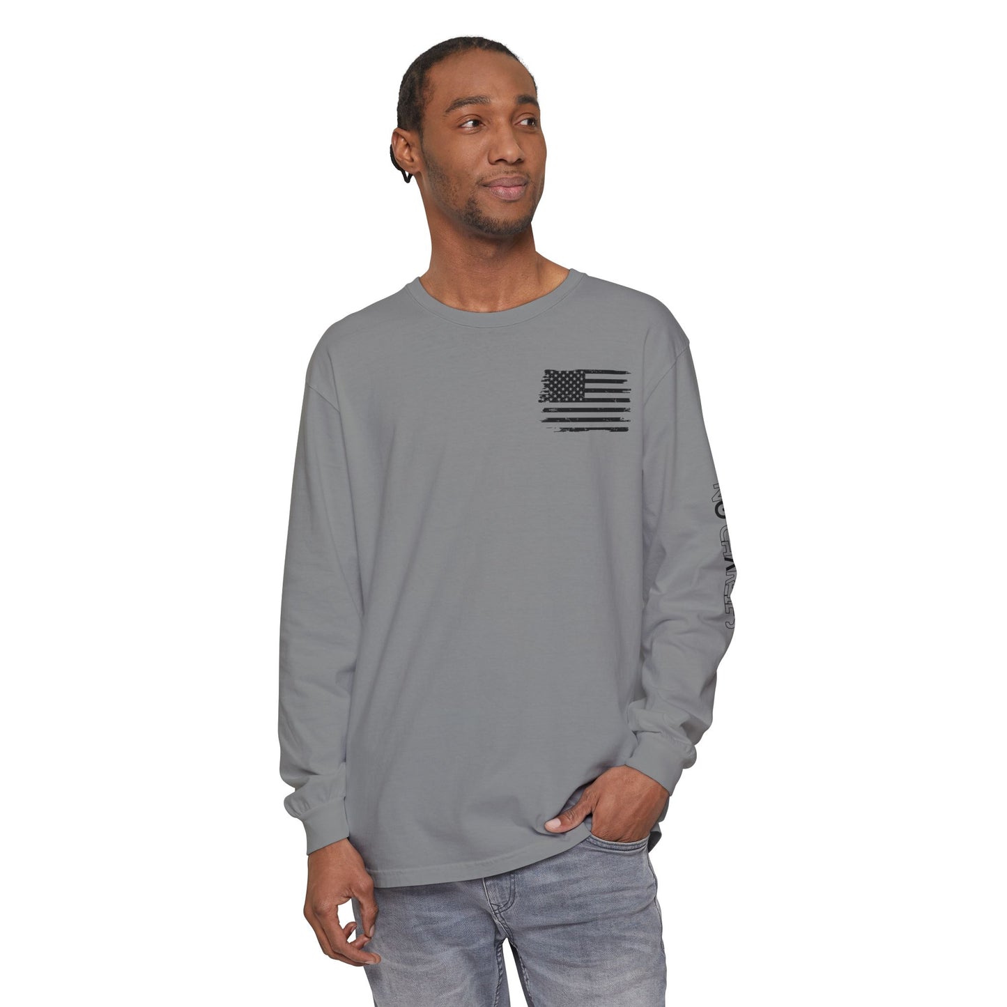 Stick Figure Shooter Long Sleeve T-Shirt — Minimalist American Flag Design
