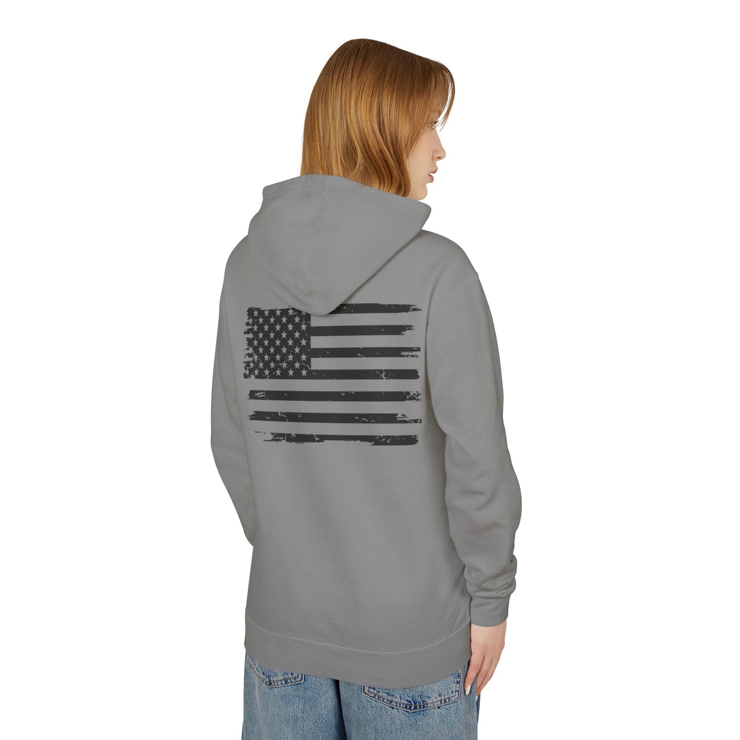 Distressed American Flag Hoodie with Tactical Stick Figure Accent