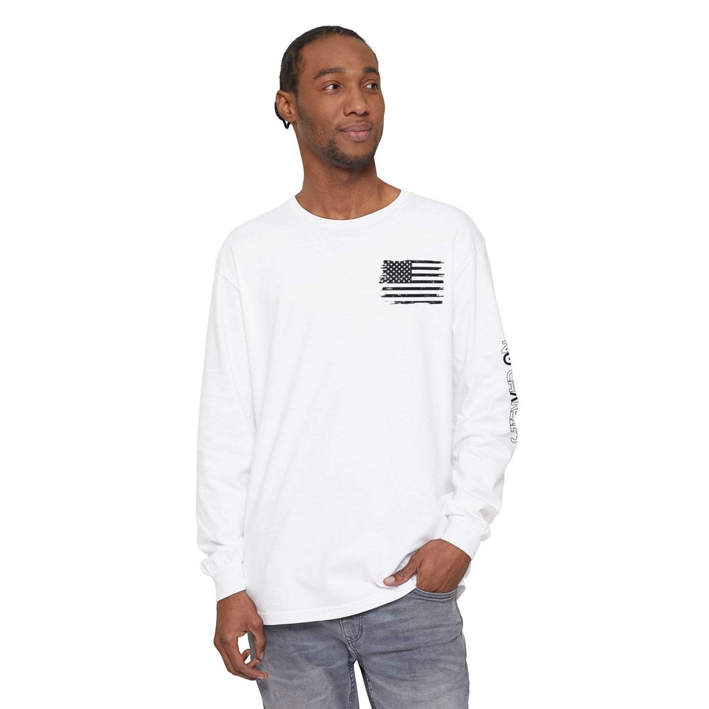 Stick Figure Shooter Long Sleeve T-Shirt — Minimalist American Flag Design