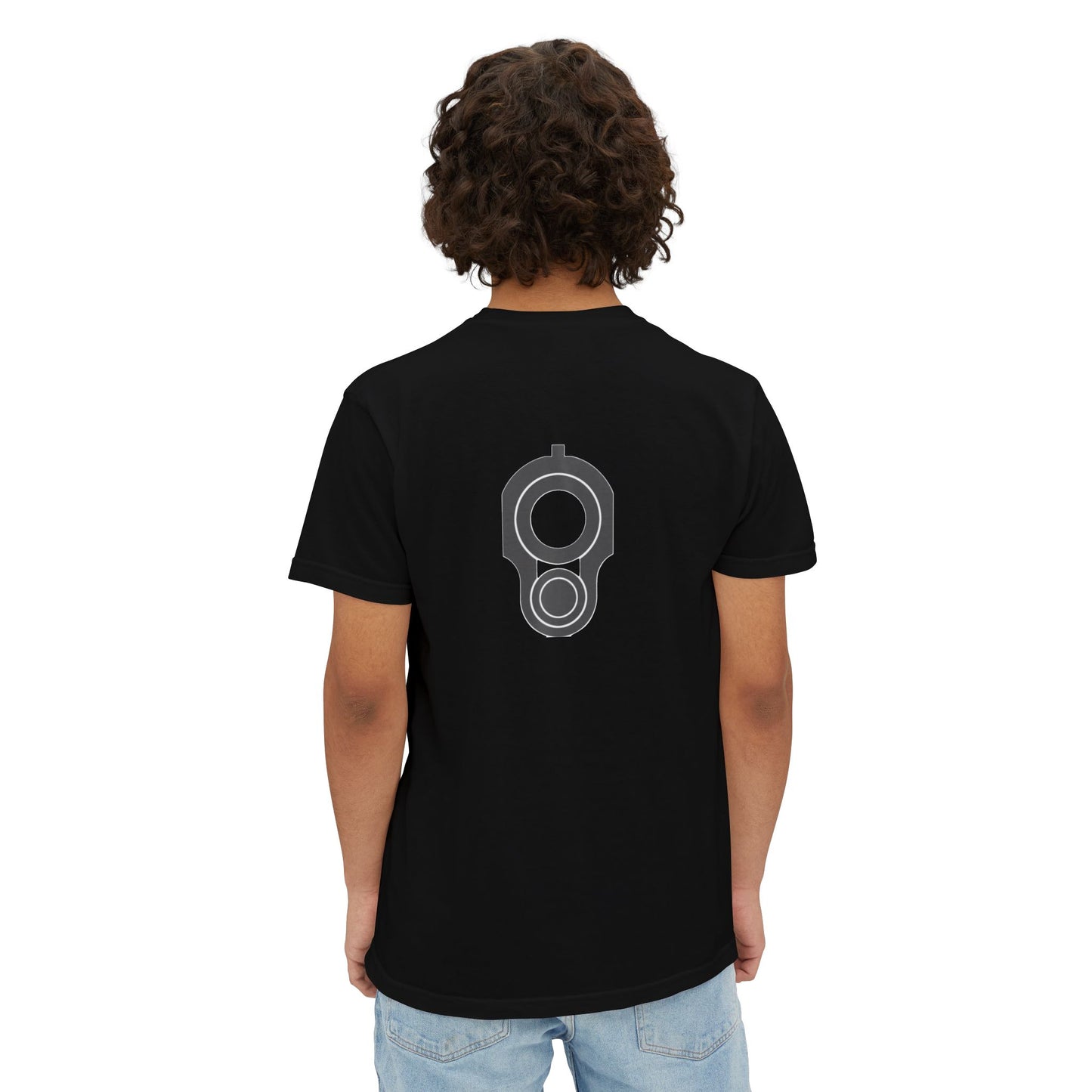 Pocket T-Shirt — Minimal Front Pocket Logo & Back Revolver Graphic Tee