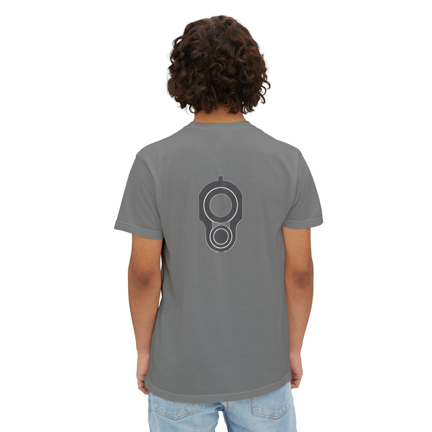 Pocket T-Shirt — Minimal Front Pocket Logo & Back Revolver Graphic Tee