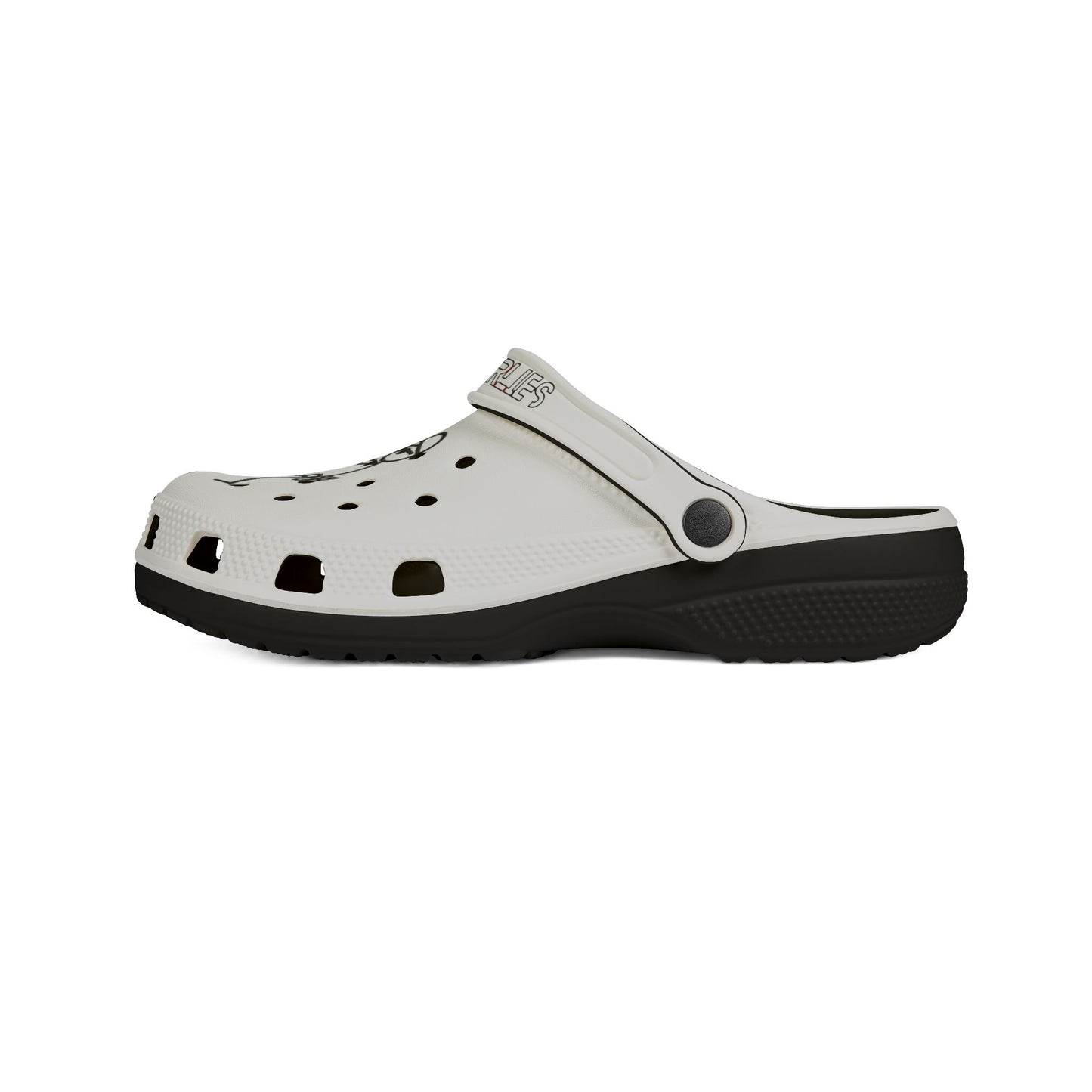 White EVA Foam Clogs with Black Star Strap & Minimalist Skater Graphic