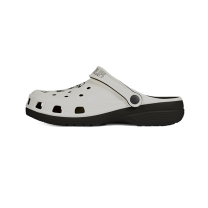 White EVA Foam Clogs with Black Star Strap & Minimalist Skater Graphic