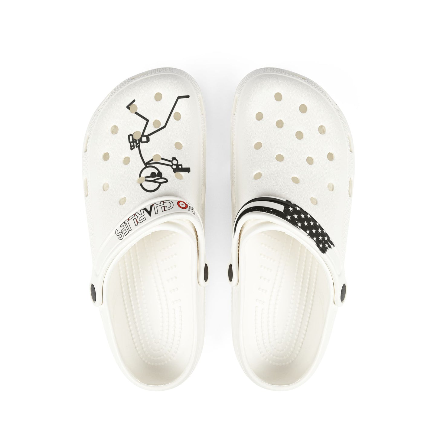 White EVA Foam Clogs with Black Star Strap & Minimalist Skater Graphic