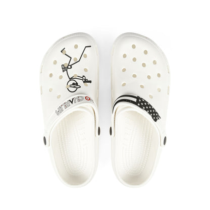 White EVA Foam Clogs with Black Star Strap & Minimalist Skater Graphic
