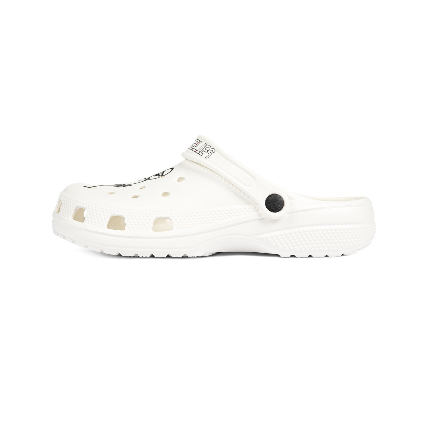 White EVA Foam Clogs with Black Star Strap & Minimalist Skater Graphic