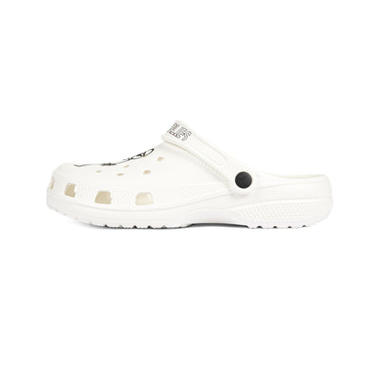 White EVA Foam Clogs with Black Star Strap & Minimalist Skater Graphic