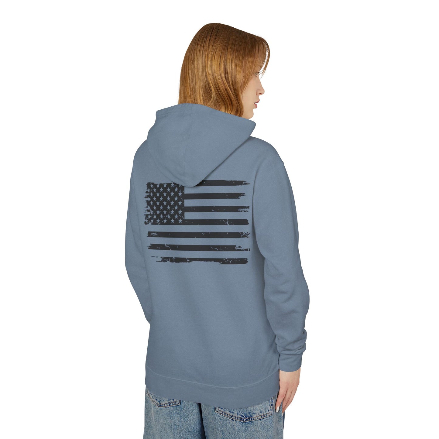 Distressed American Flag Hoodie with Tactical Stick Figure Accent