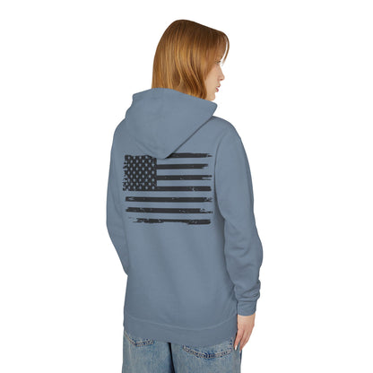 Distressed American Flag Hoodie with Tactical Stick Figure Accent