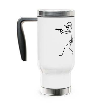 Stick Figure Shooter Travel Mug — 14oz Stainless Steel Coffee Tumbler with Handle
