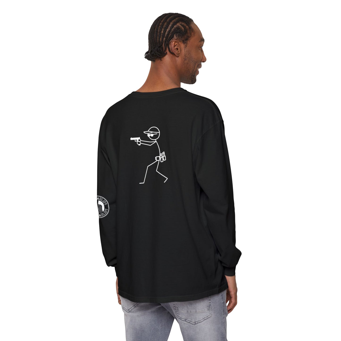 Stick Figure Shooter Long Sleeve T-Shirt — Minimalist American Flag Design