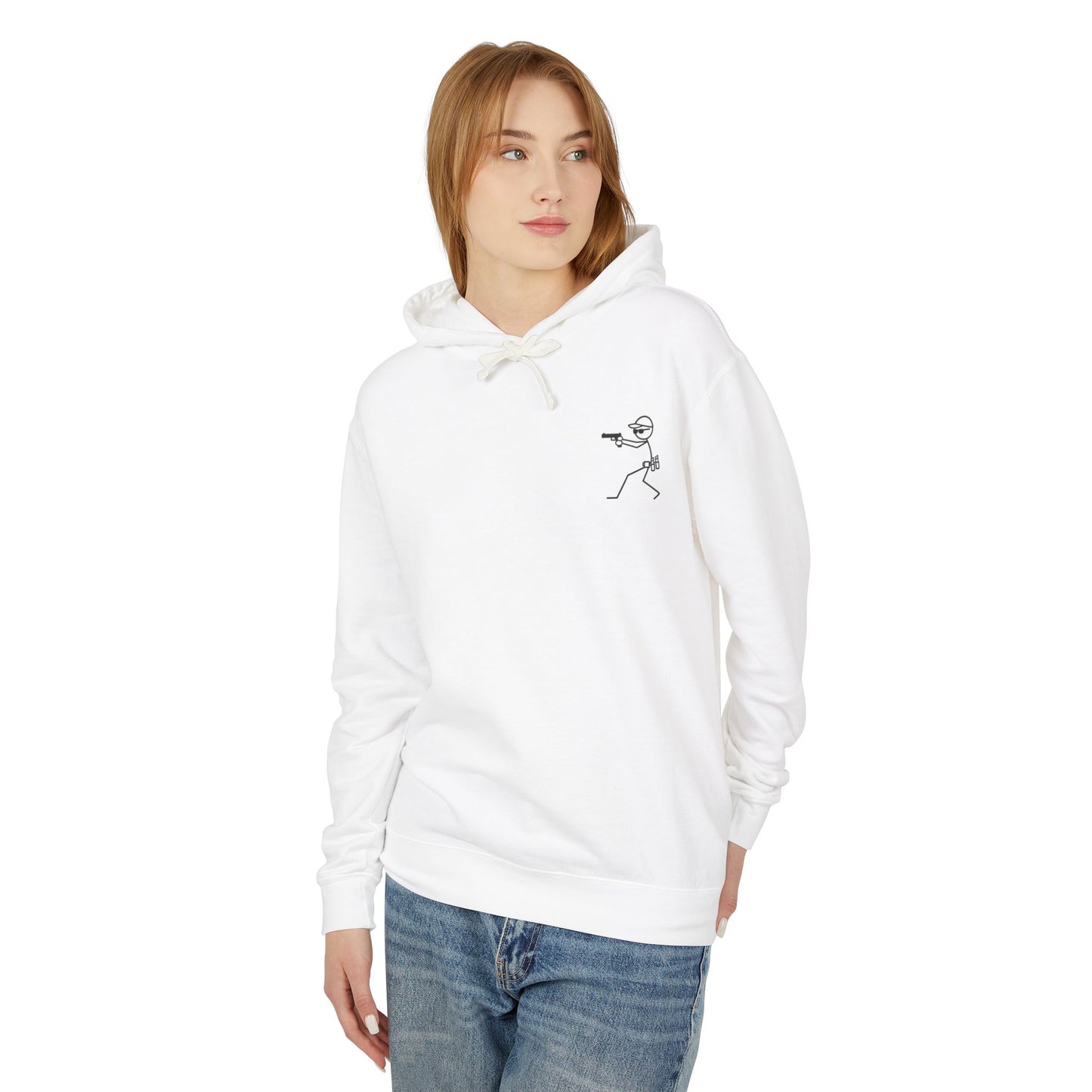 No Charlies Hoodie — Minimal Stick Figure Shooter Graphic Lightweight Hooded Sweatshirt