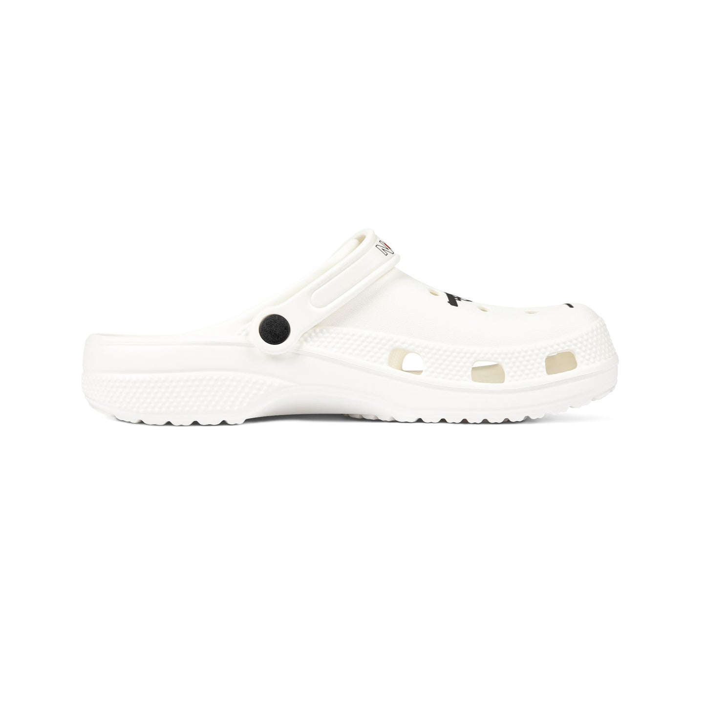 White EVA Foam Clogs with Black Star Strap & Minimalist Skater Graphic