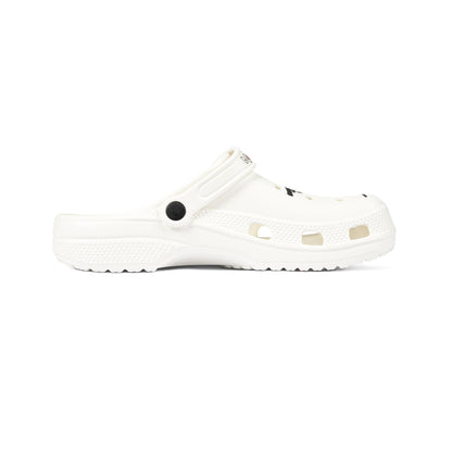 White EVA Foam Clogs with Black Star Strap & Minimalist Skater Graphic