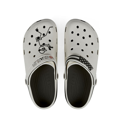 White EVA Foam Clogs with Black Star Strap & Minimalist Skater Graphic
