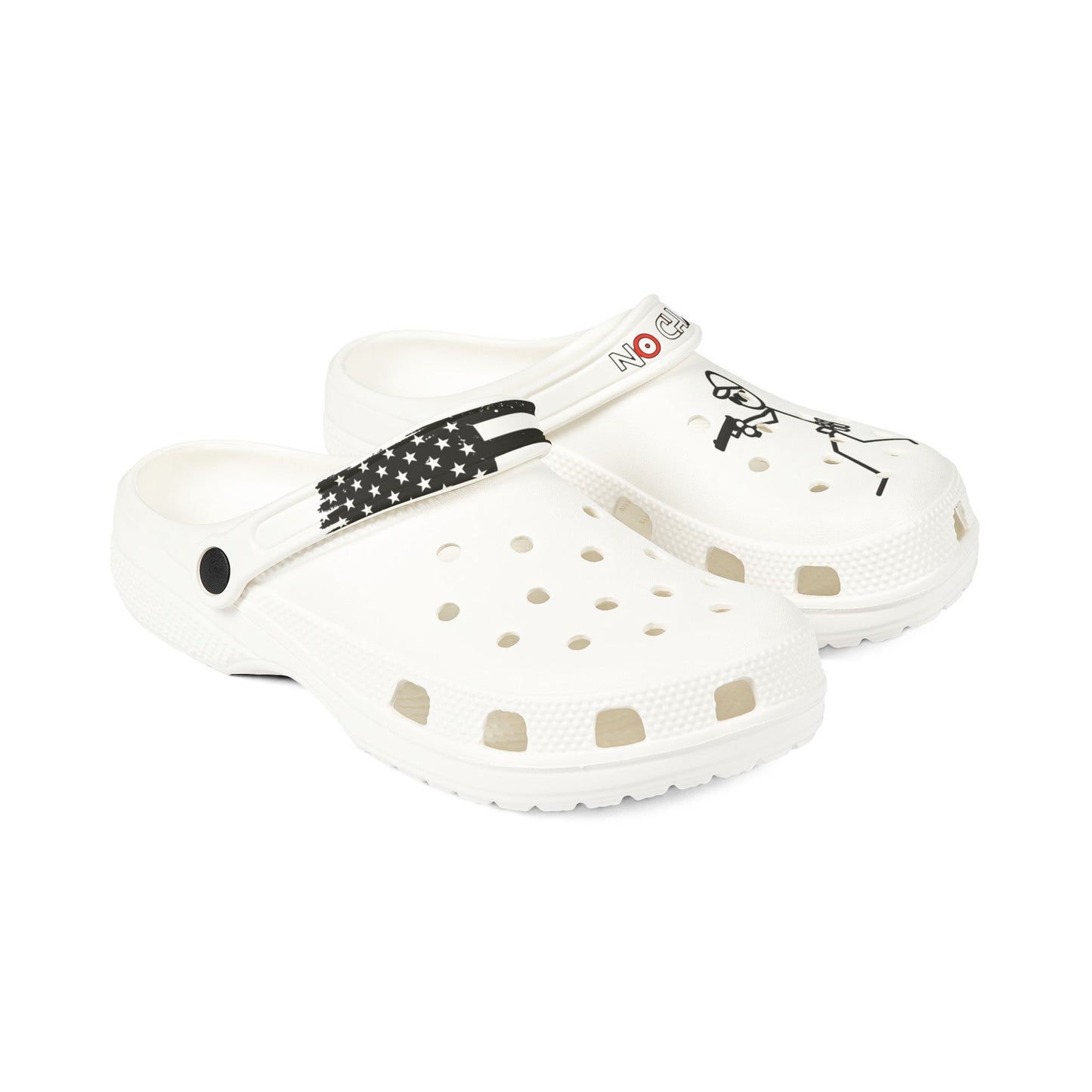 White EVA Foam Clogs with Black Star Strap & Minimalist Skater Graphic