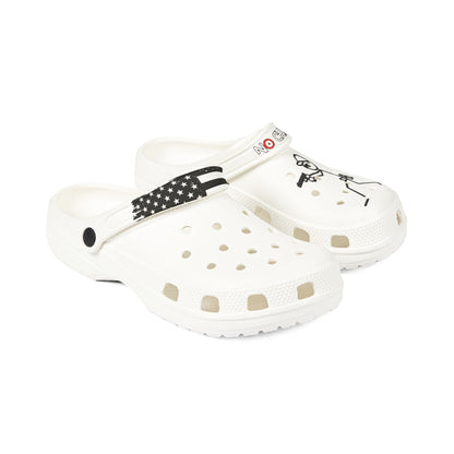 White EVA Foam Clogs with Black Star Strap & Minimalist Skater Graphic