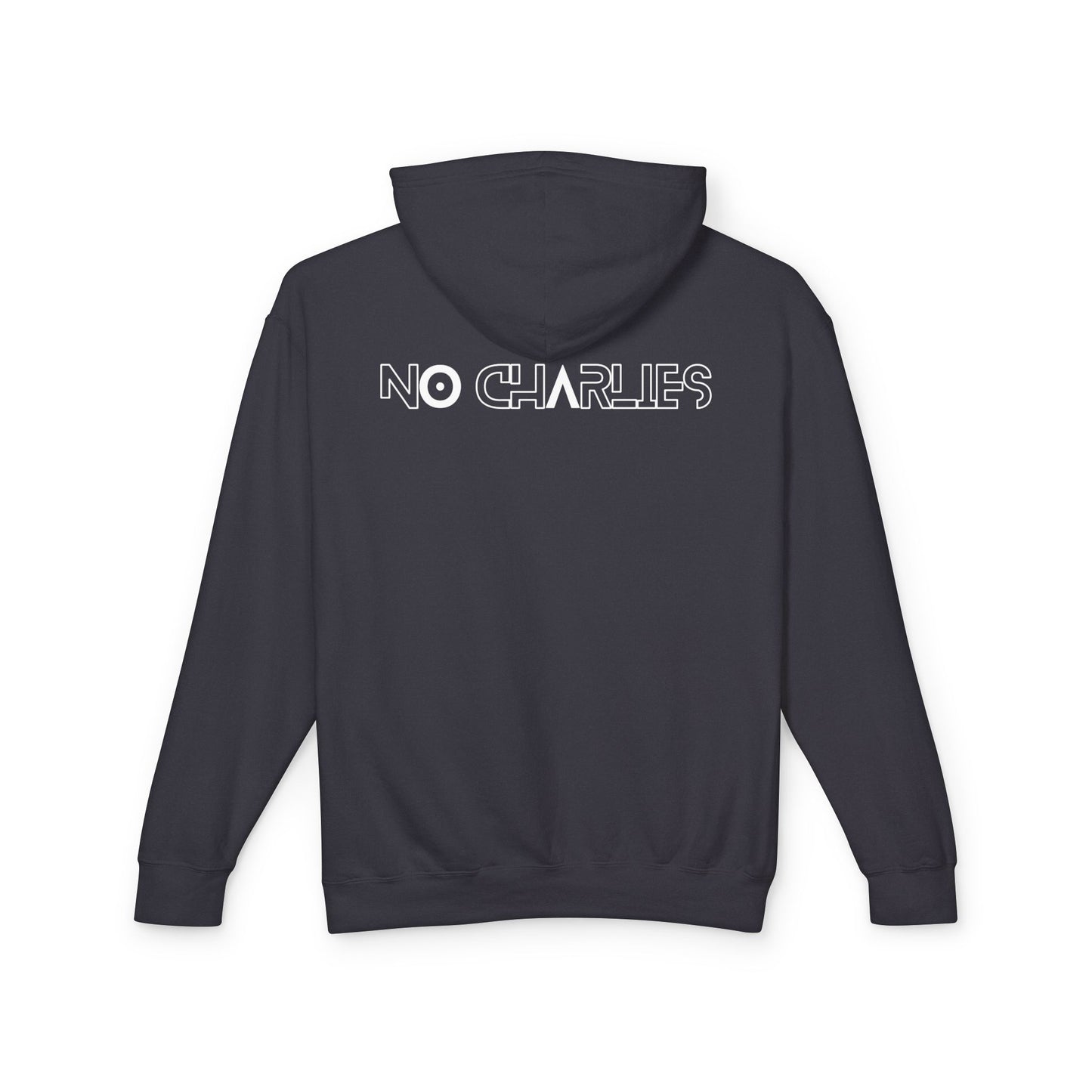 No Charlies Hoodie — Minimal Stick Figure Shooter Graphic Lightweight Hooded Sweatshirt