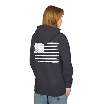 Distressed American Flag Hoodie with Tactical Stick Figure Accent